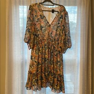 Taylor Orange Brown Tiered Midi Dress with Bishop Sleeves